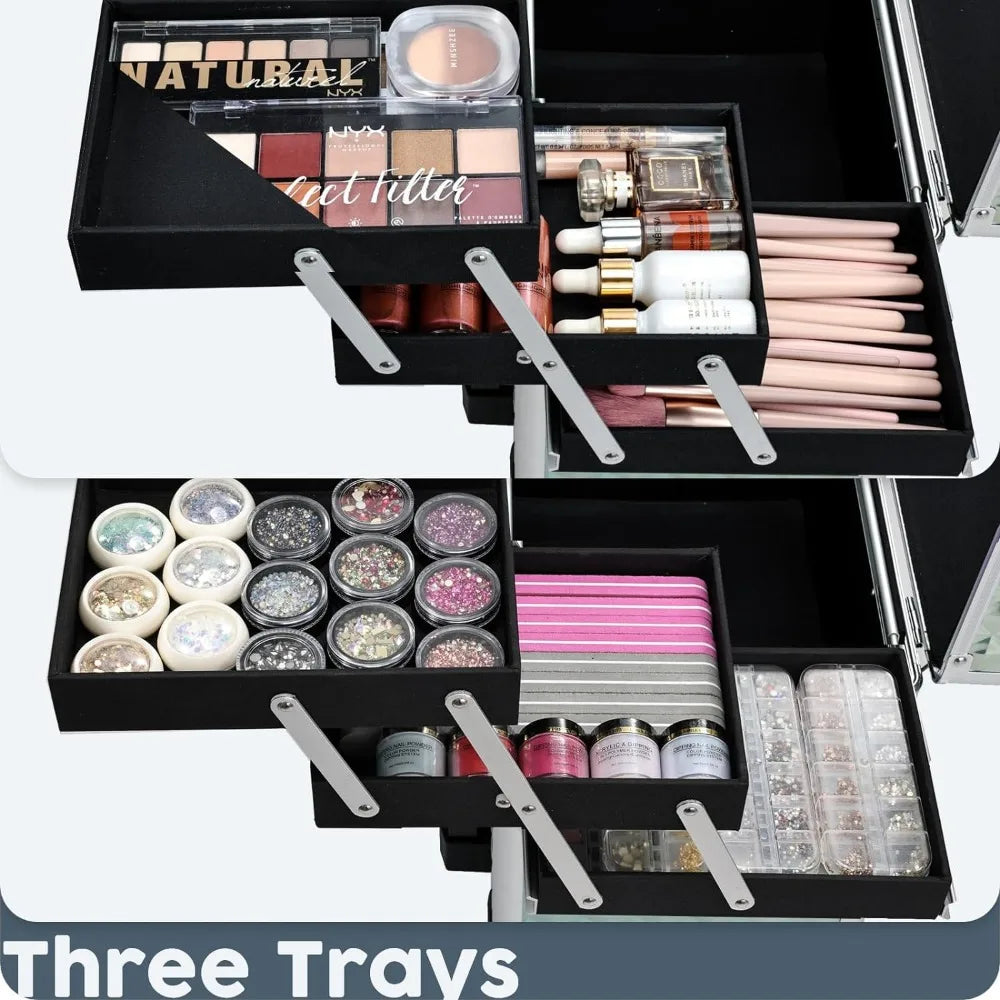 Title Recommendation: Rolling Makeup Organizer Case with Sliding Storage Drawer and 4 Trays - Makeup Travel Trolley with Free Shipping-YOUR BEAUTY N MORE STORE